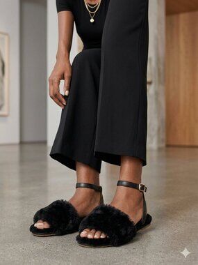 UGG Black Faux Fur Open-Toe Ankle-Strap Mules